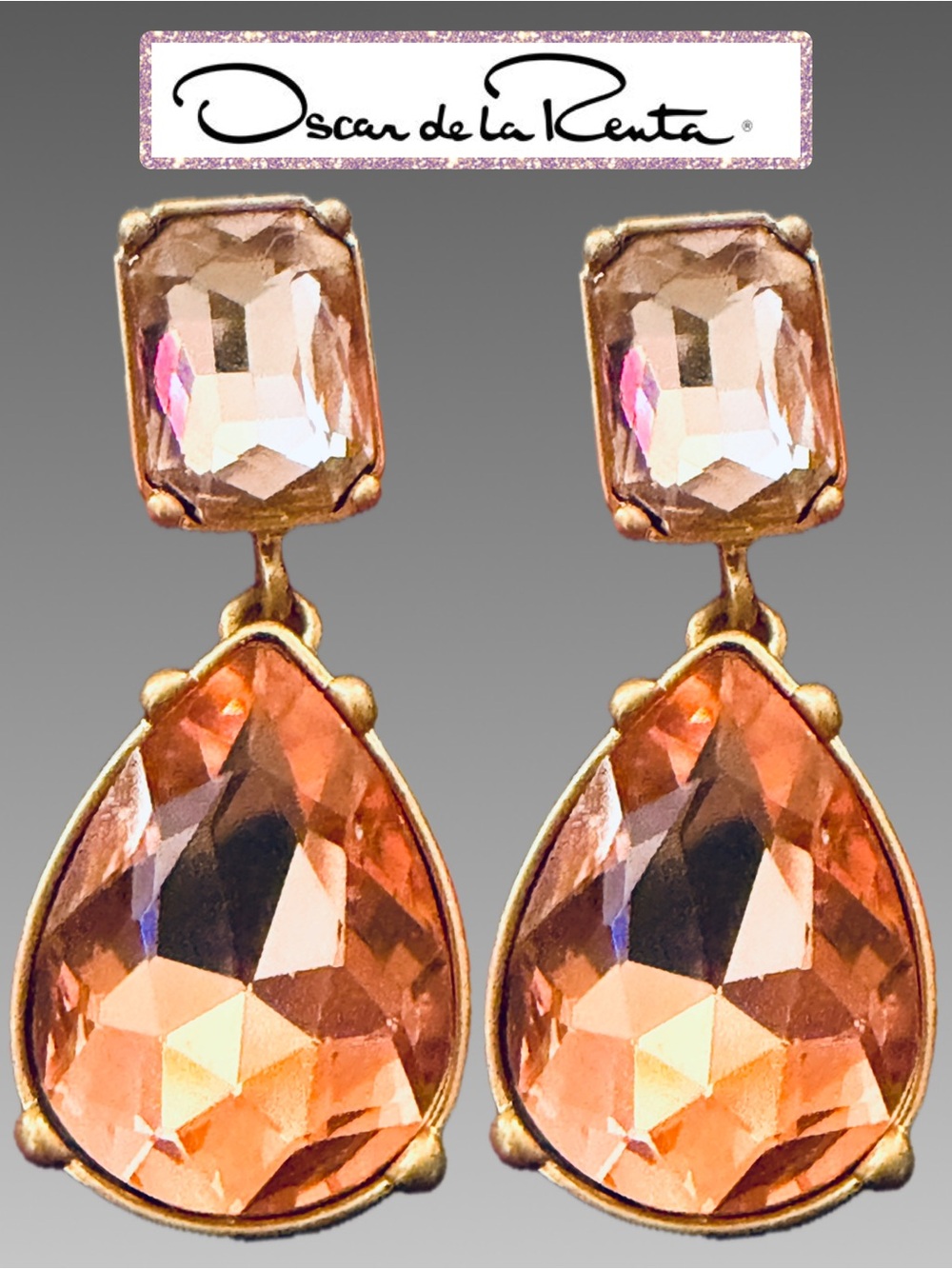 Oscar de la Renta Square & Teardrop CRYSTAL DROP EARRINGS Blush Pink/Gold ✨Post✨
